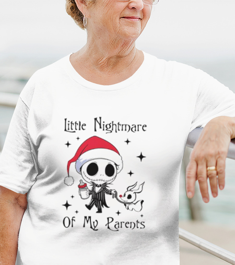 Little Nightmare Of My Parents Jack Skellington Santa Hat Holding Milk And Dog T-Shirt