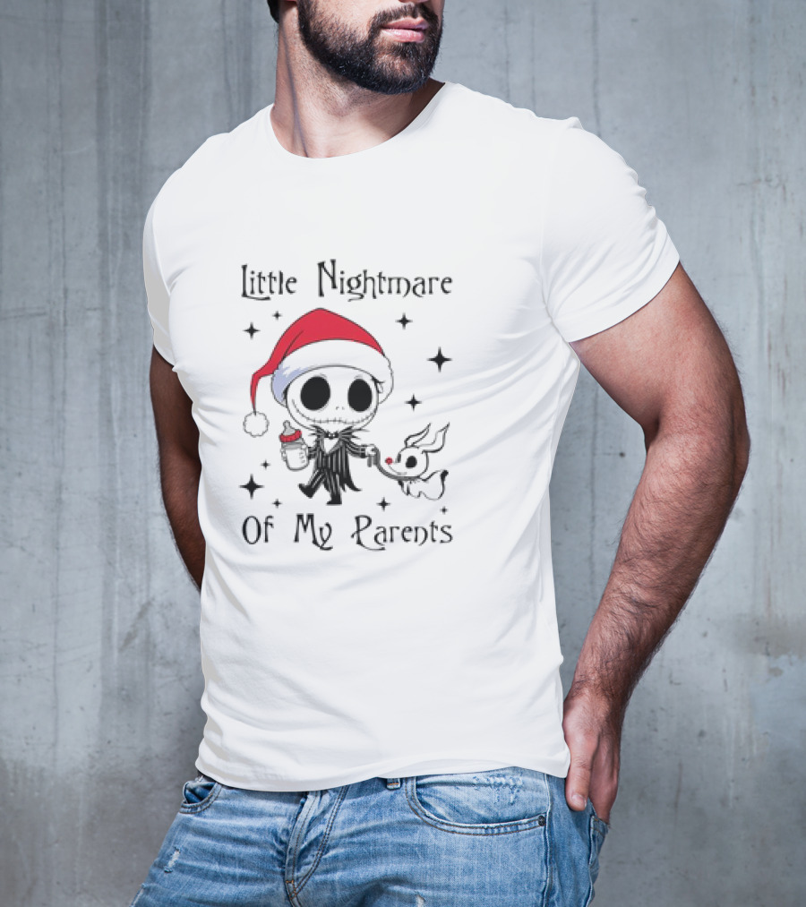 Little Nightmare Of My Parents Jack Skellington Santa Hat Holding Milk And Dog T-Shirt