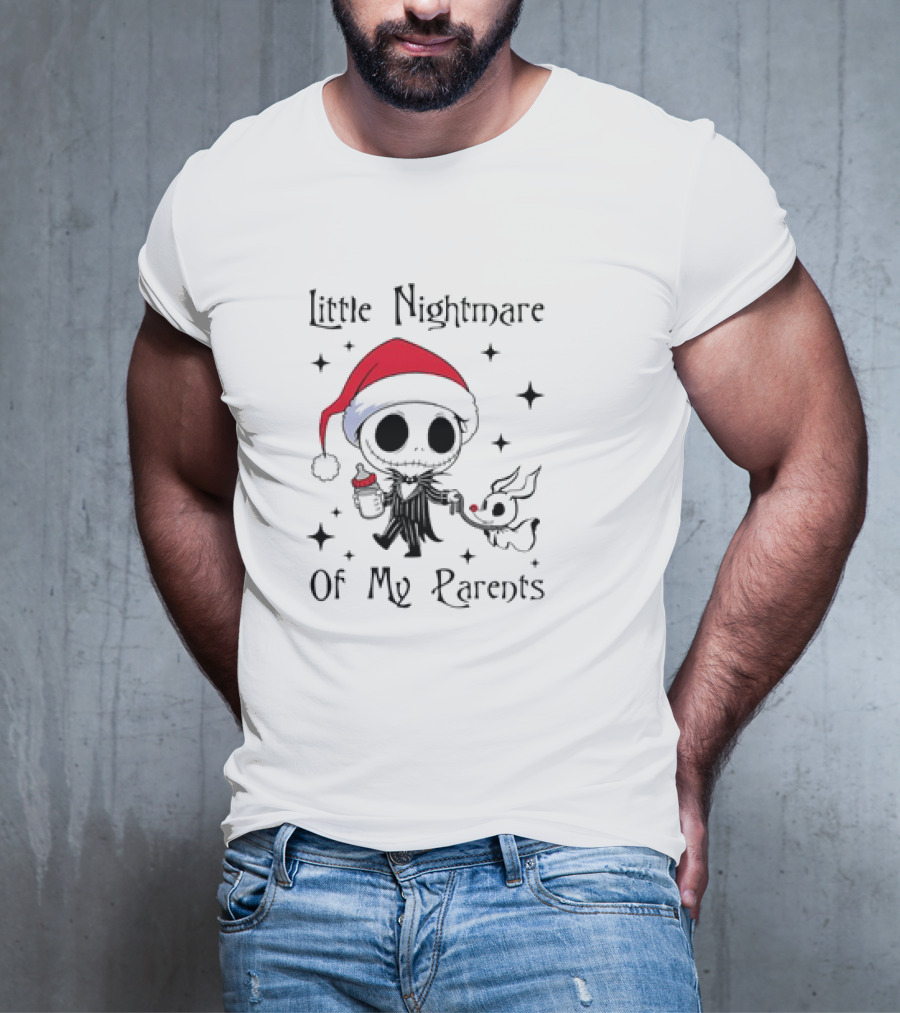 Little Nightmare Of My Parents Jack Skellington Santa Hat Holding Milk And Dog T-Shirt