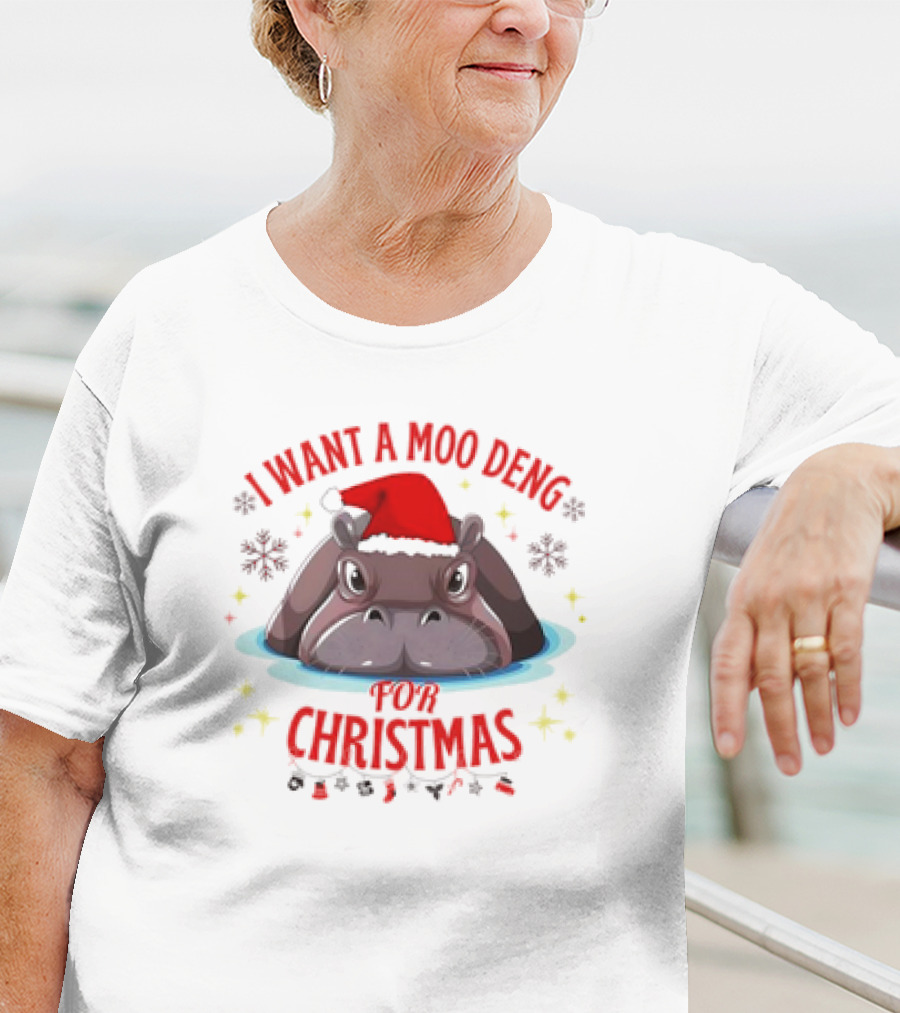 I Want A Moo Deng For Christmas Hippo Santa Hat Cute T-Shirt