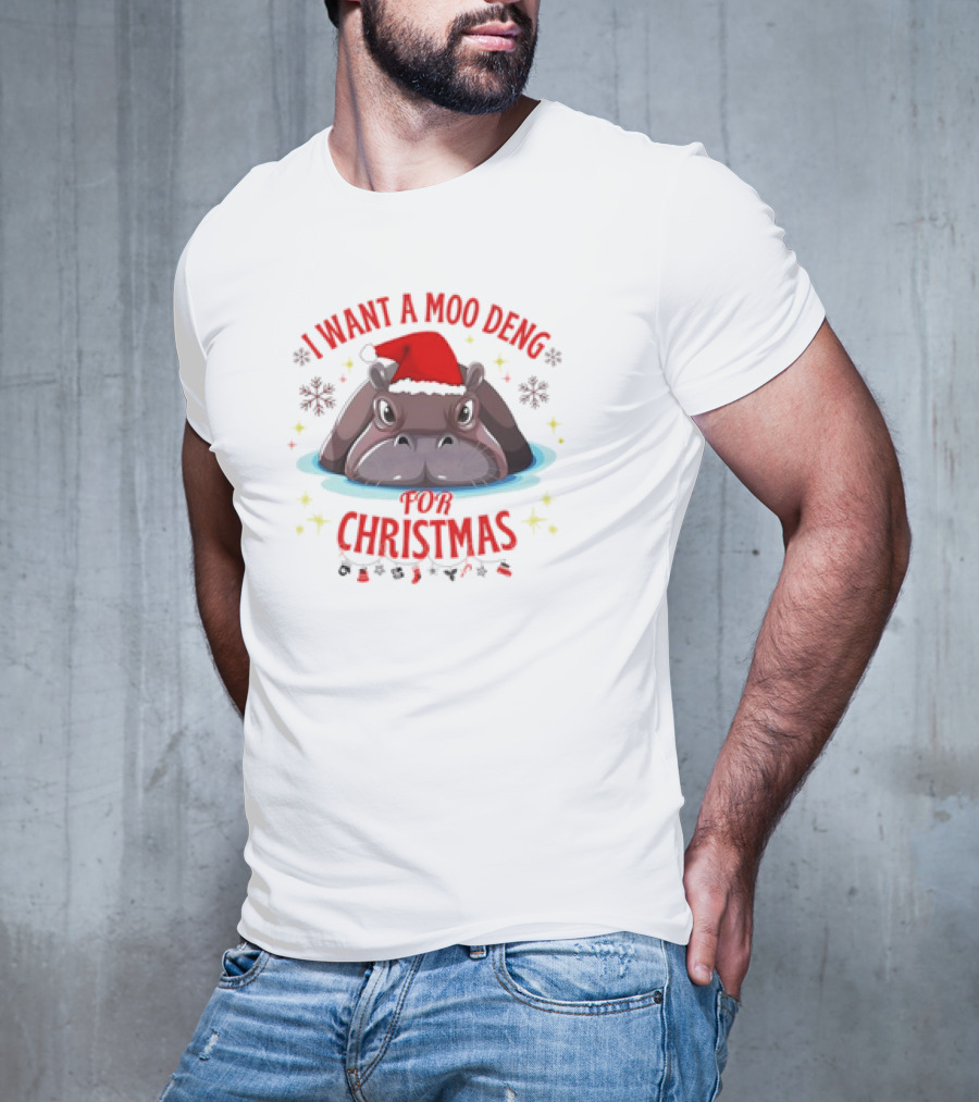 I Want A Moo Deng For Christmas Hippo Santa Hat Cute T-Shirt