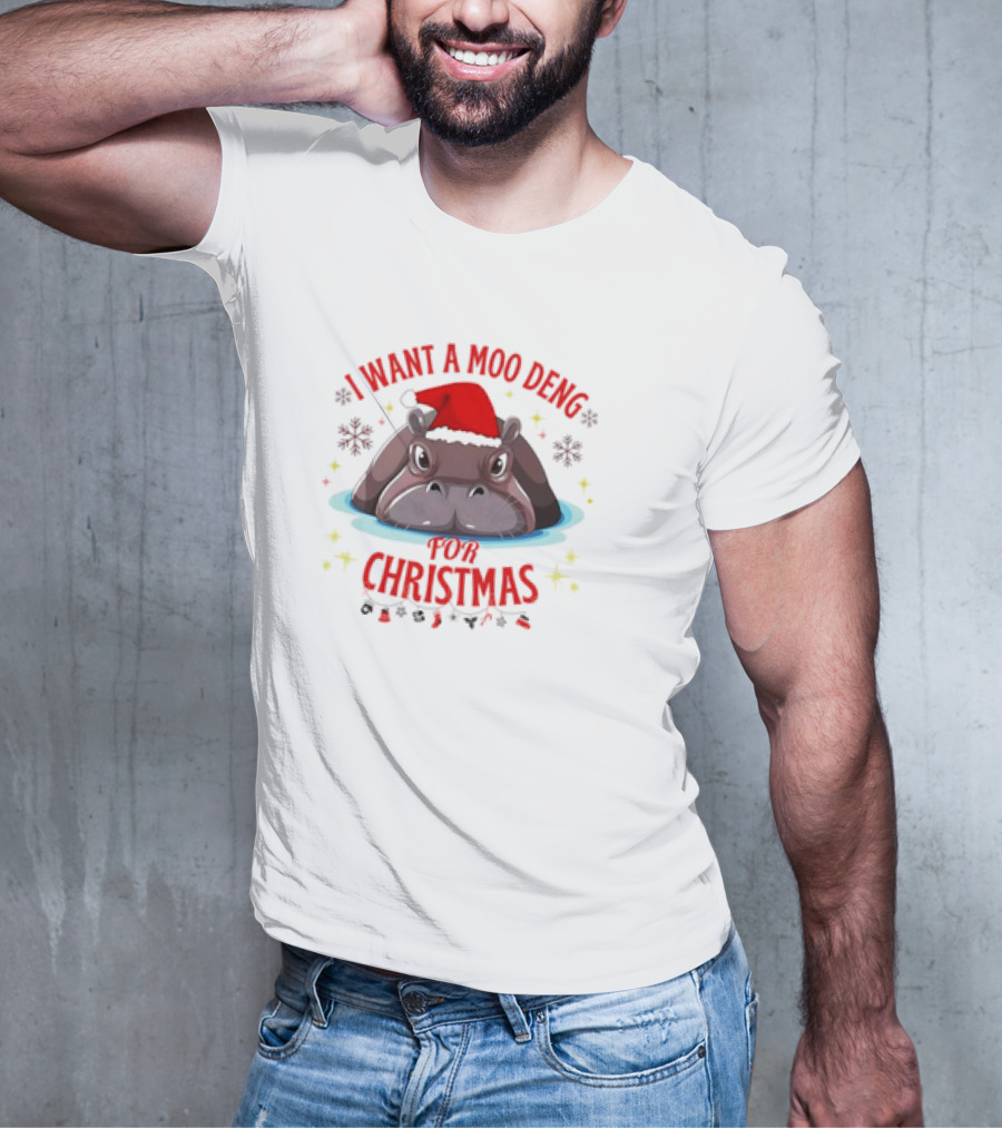 I Want A Moo Deng For Christmas Hippo Santa Hat Cute T-Shirt