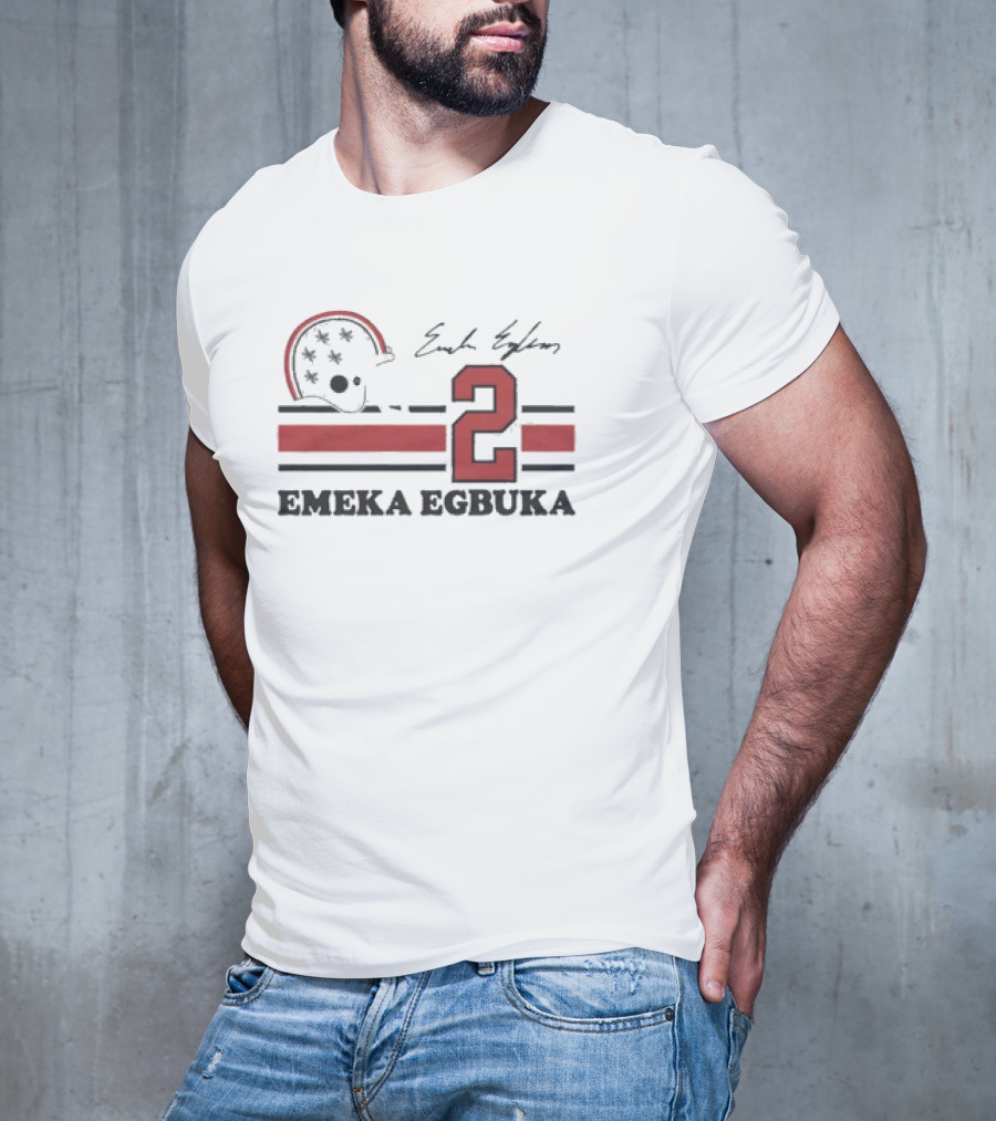 Ohio State Emeka Egbuka #2 Signature Jersey With Helmet And Stripes T-Shirt