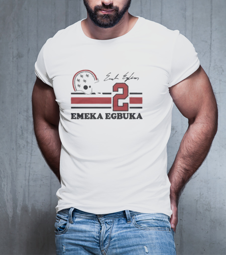Ohio State Emeka Egbuka #2 Signature Jersey With Helmet And Stripes T-Shirt