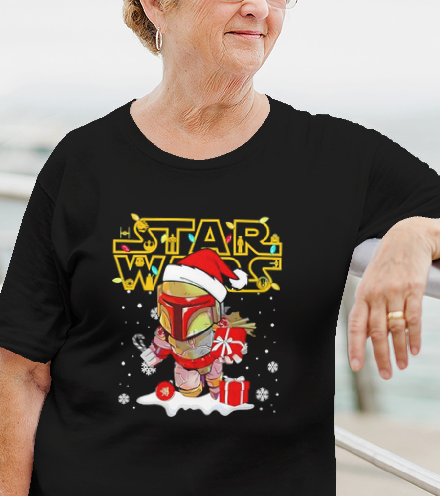 Disneyland Star Wars Boba Fett Christmas Santa Hat And Gifts Snowflakes T-Shirt