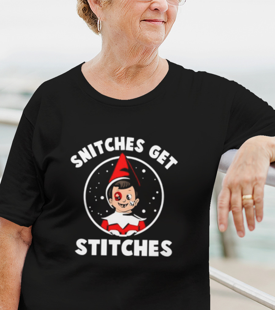 Snitches Get Stitches Elf On A Shelf Humor Cartoon Face T-Shirt