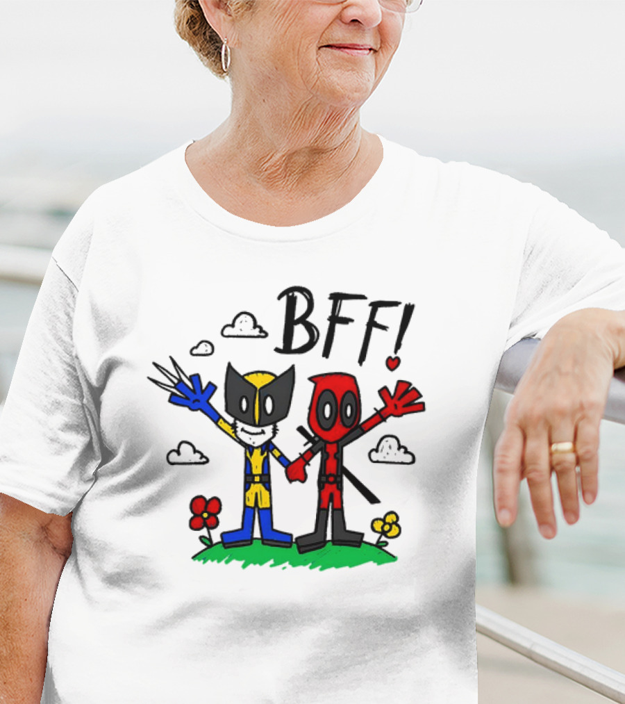 Deadpool And Wolverine BFF Cartoon Style With Heart And Clouds T-Shirt