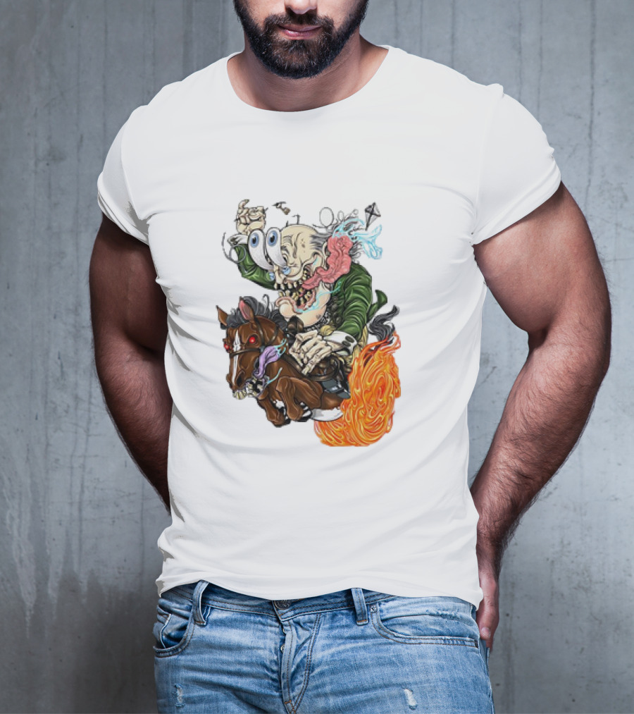 Ben FINKlin Surreal Dual-Eyed Figure On Flame-Engulfed Horse T-Shirt