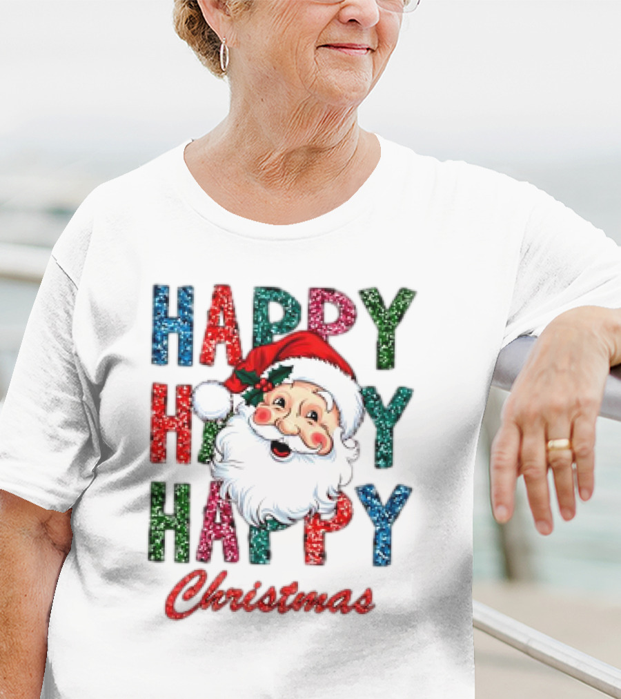 Glitter Happy Happy Happy Christmas Santa Claus T-Shirt