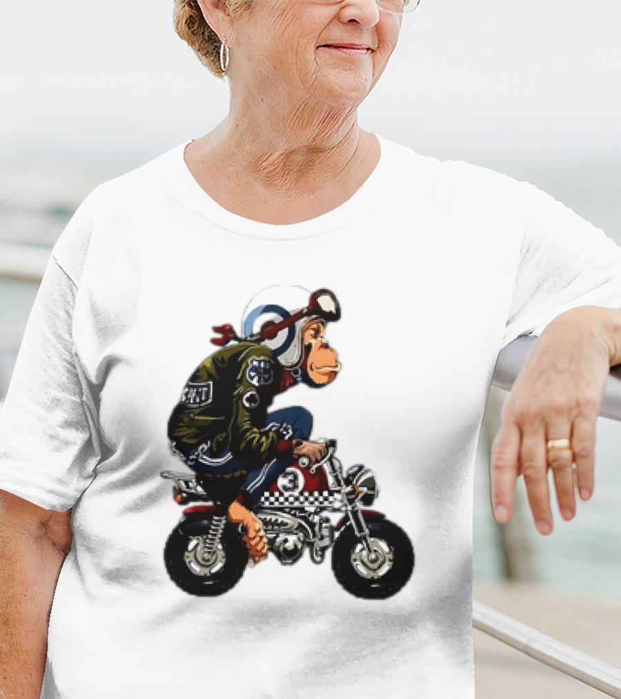 Monkey Riding Checkered Mini Bike Cartoon T-Shirt