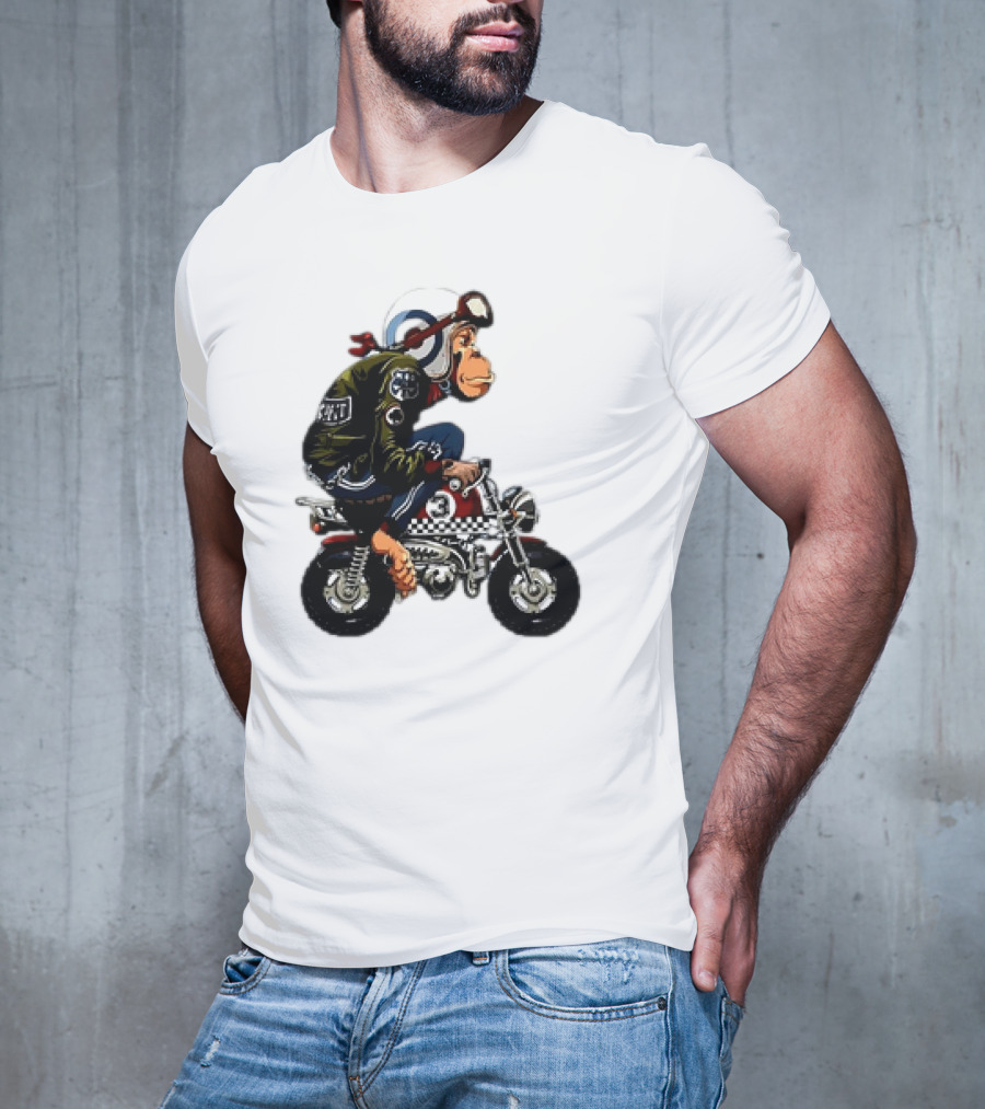 Monkey Riding Checkered Mini Bike Cartoon T-Shirt