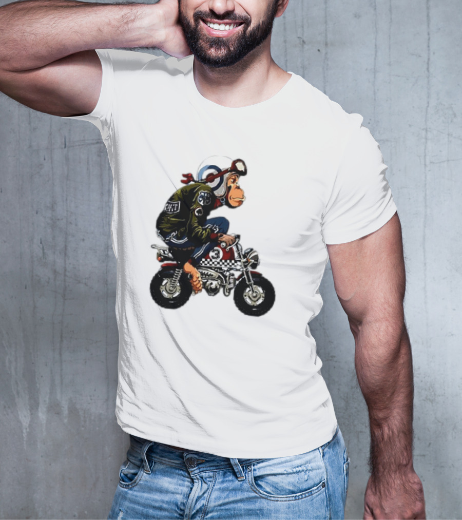 Monkey Riding Checkered Mini Bike Cartoon T-Shirt