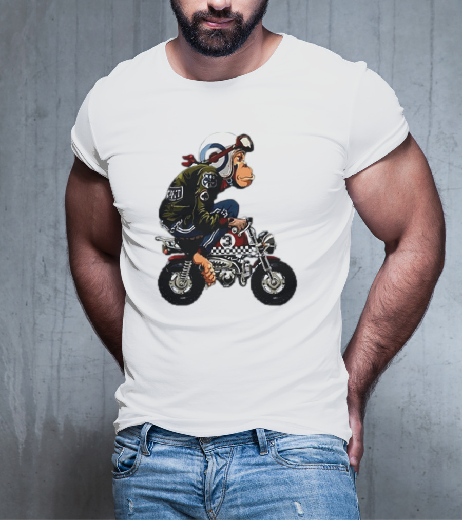Monkey Riding Checkered Mini Bike Cartoon T-Shirt