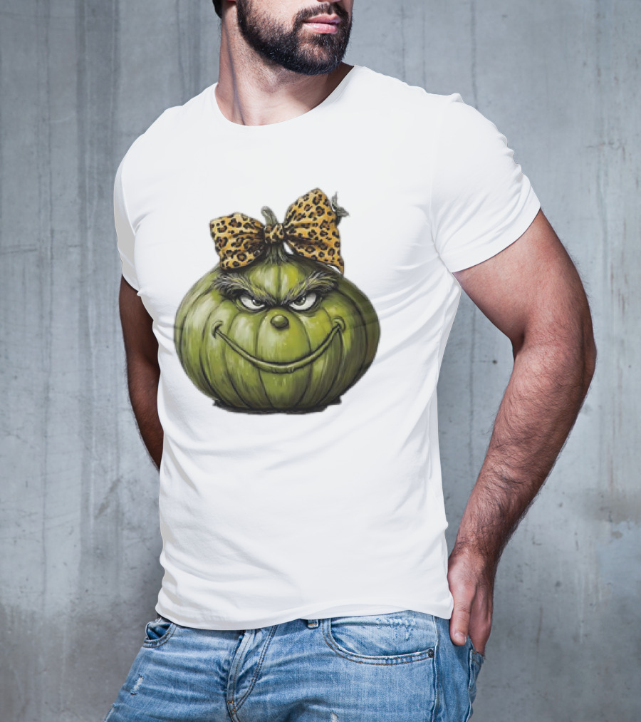 Retro Vintage Leopard Bow Grinch Pumpkin T-Shirt