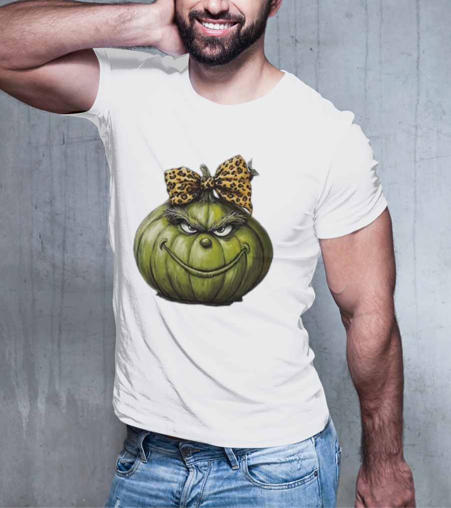 Retro Vintage Leopard Bow Grinch Pumpkin T-Shirt