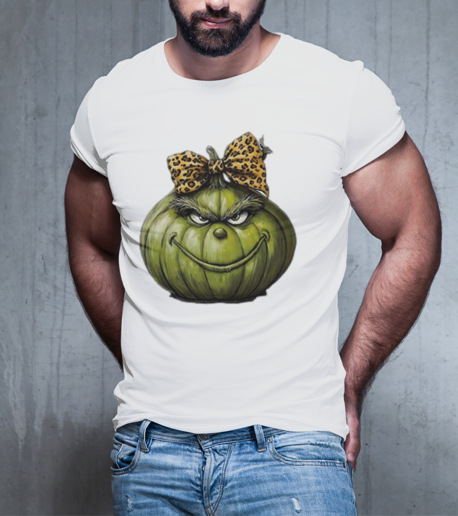 Retro Vintage Leopard Bow Grinch Pumpkin T-Shirt