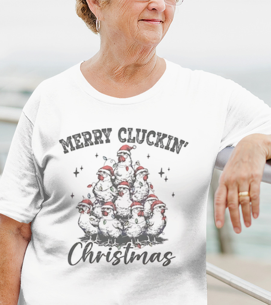 Merry Cluckin' Christmas Chicken Santa Hat Festive Stack T-Shirt