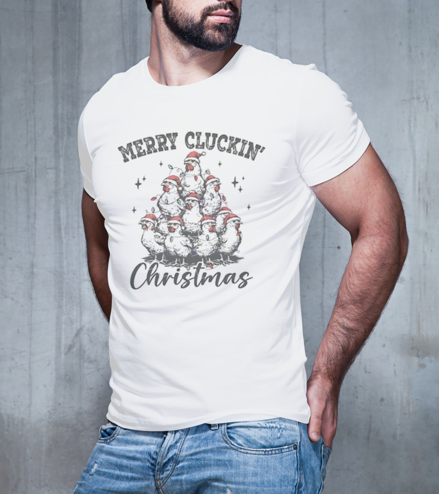 Merry Cluckin' Christmas Chicken Santa Hat Festive Stack T-Shirt