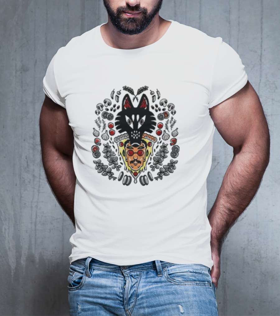 Pizzamas Wolf Pizza John Pizza Slice And Wolf Face Surrounded By Toppings T-Shirt