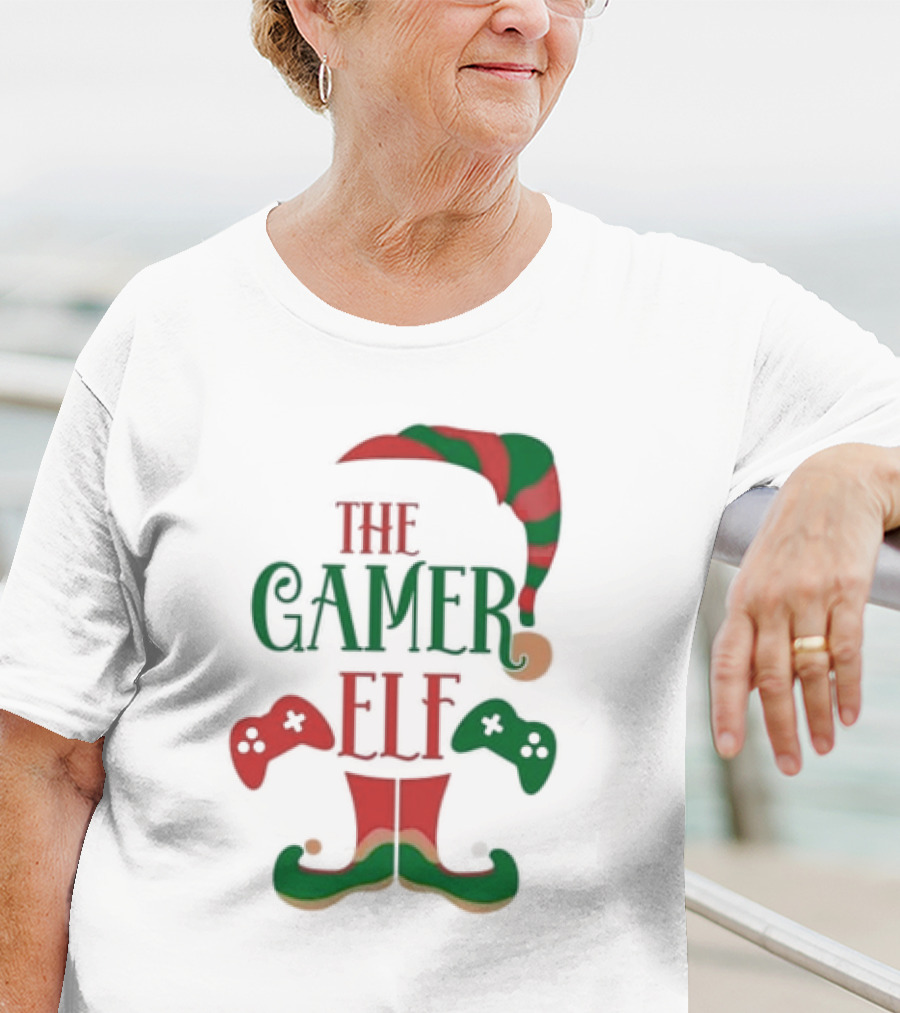 The Gamer Elf With Christmas Hat And Controllers T-Shirt