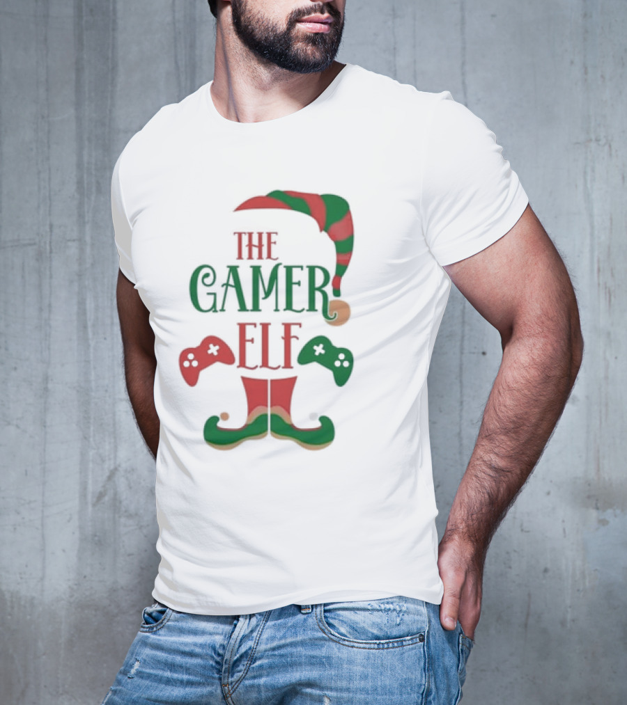 The Gamer Elf With Christmas Hat And Controllers T-Shirt