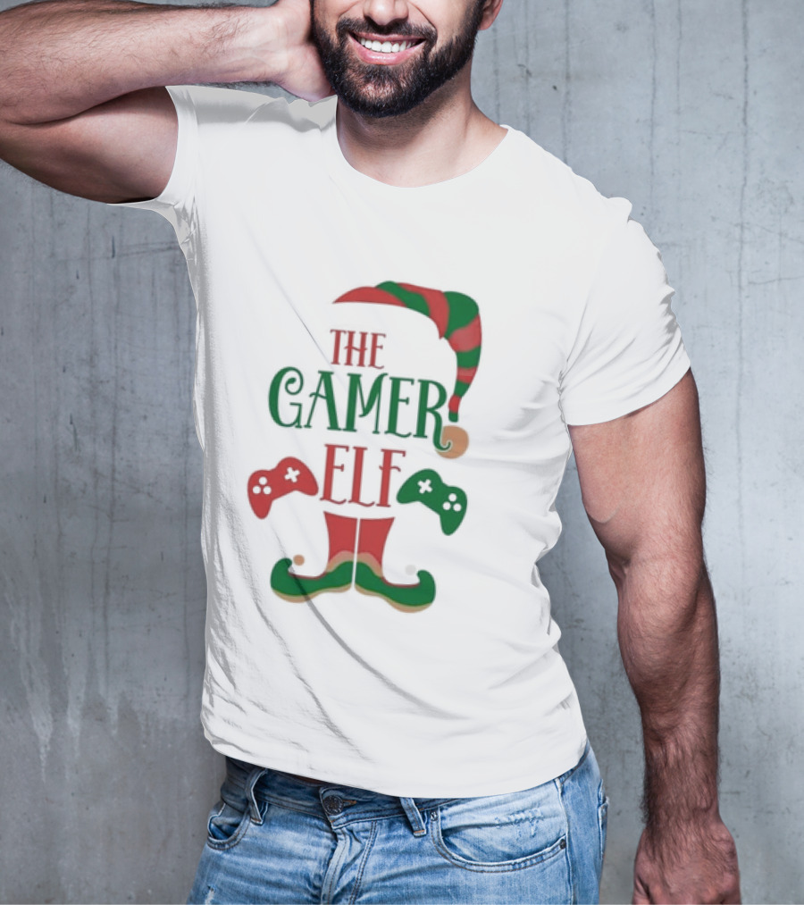 The Gamer Elf With Christmas Hat And Controllers T-Shirt