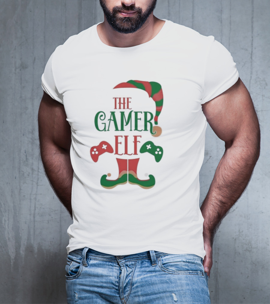 The Gamer Elf With Christmas Hat And Controllers T-Shirt