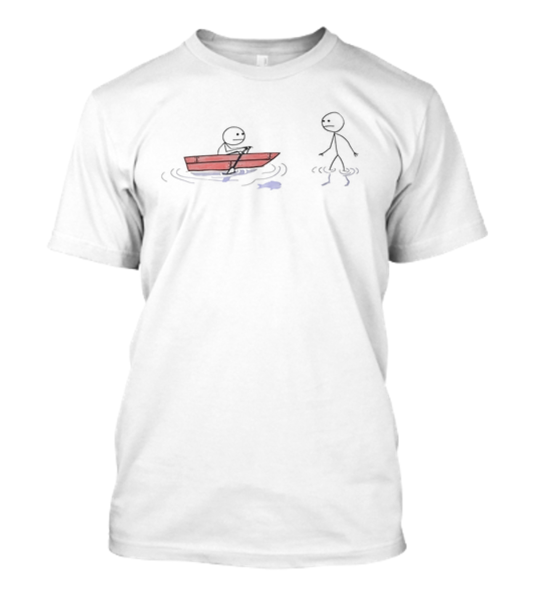 Stick Figure Rowing A Boat With Stick Figure Walking On Water Humor Concept T-Shirt