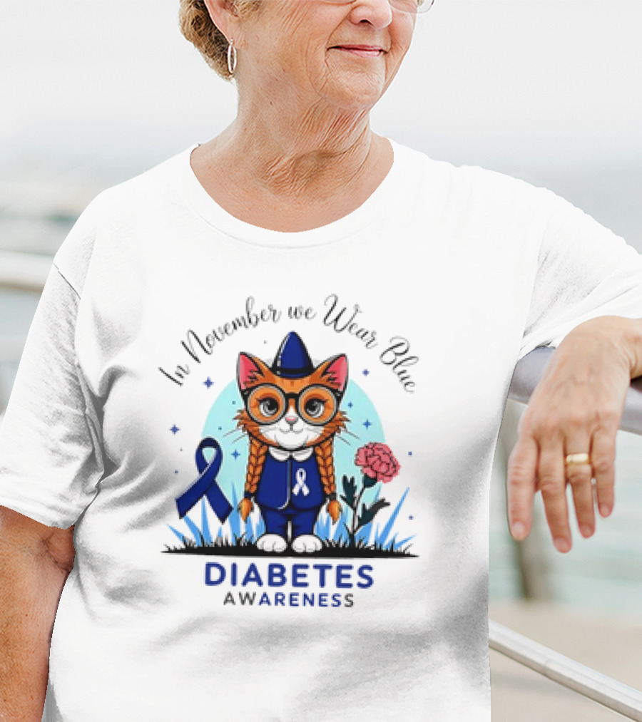 In November We Wear Blue Cute Cat Diabetes Awareness T-Shirt