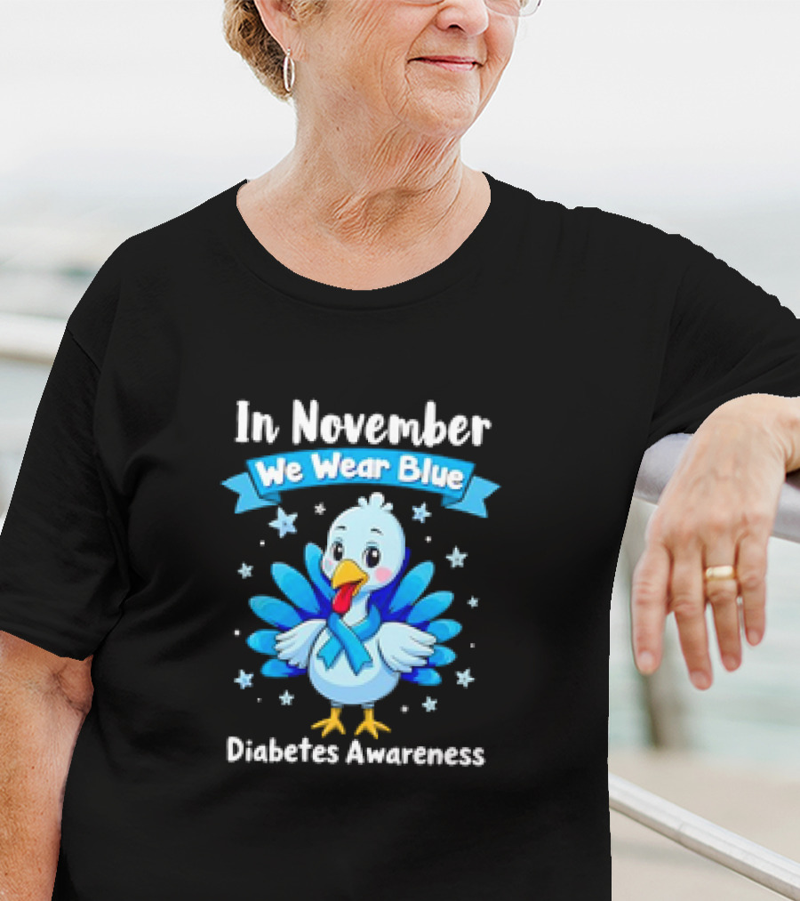 In November We Wear Blue Thanksgiving Diabetes Awareness Turkey With Ribbon And Stars T-Shirt