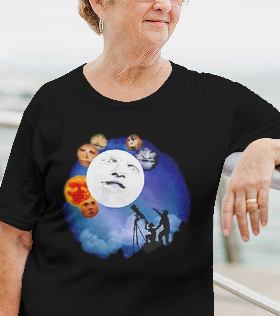 Man And Child Stargazing At Moon And Face Planets T-Shirt