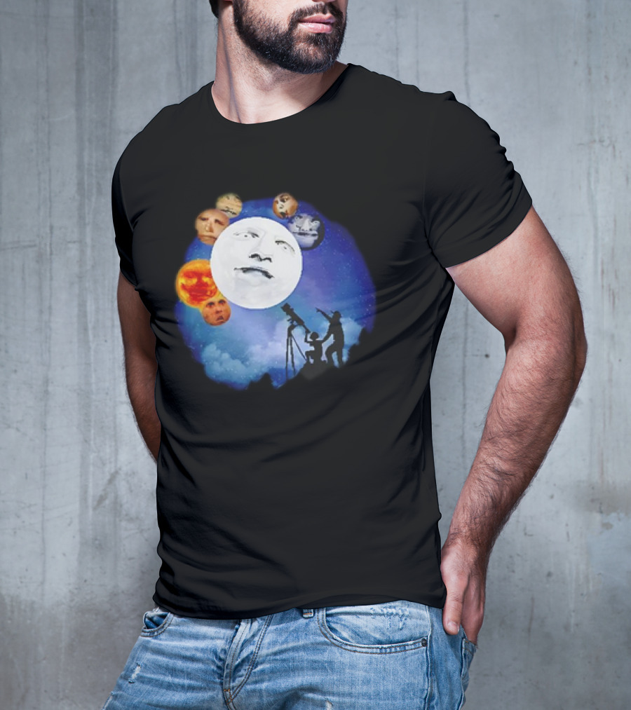 Man And Child Stargazing At Moon And Face Planets T-Shirt