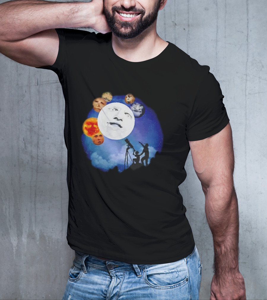 Man And Child Stargazing At Moon And Face Planets T-Shirt