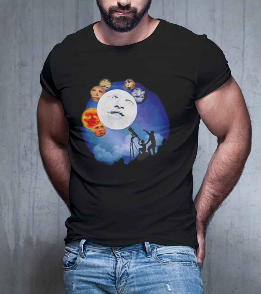 Man And Child Stargazing At Moon And Face Planets T-Shirt