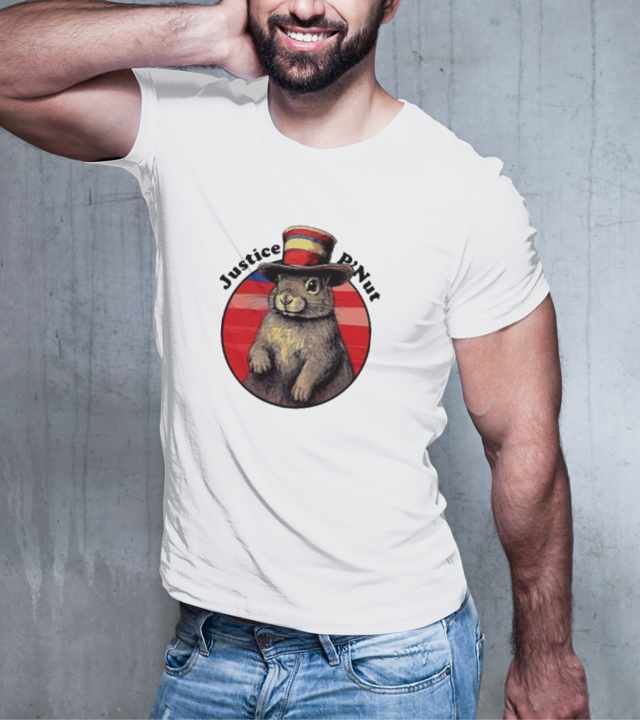 Justice P’Nut Squirrel Wearing Vintage Hat With Red Blue Stripes T-Shirt