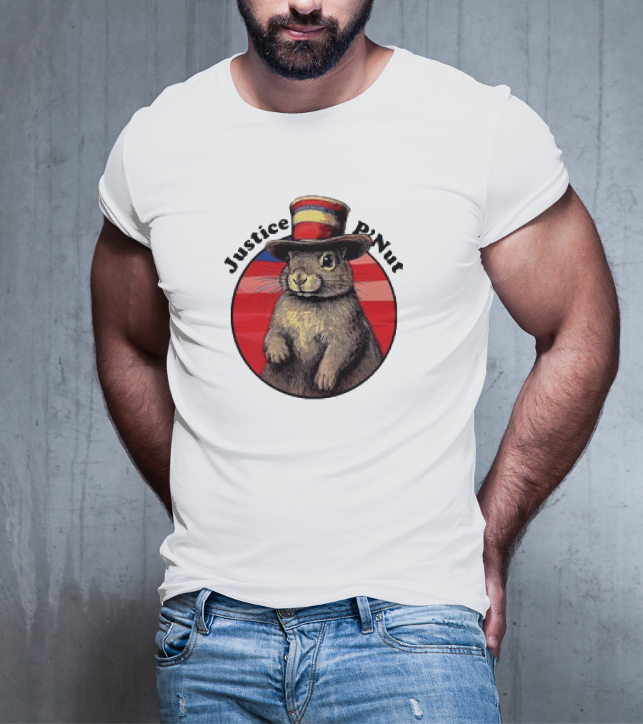 Justice P’Nut Squirrel Wearing Vintage Hat With Red Blue Stripes T-Shirt