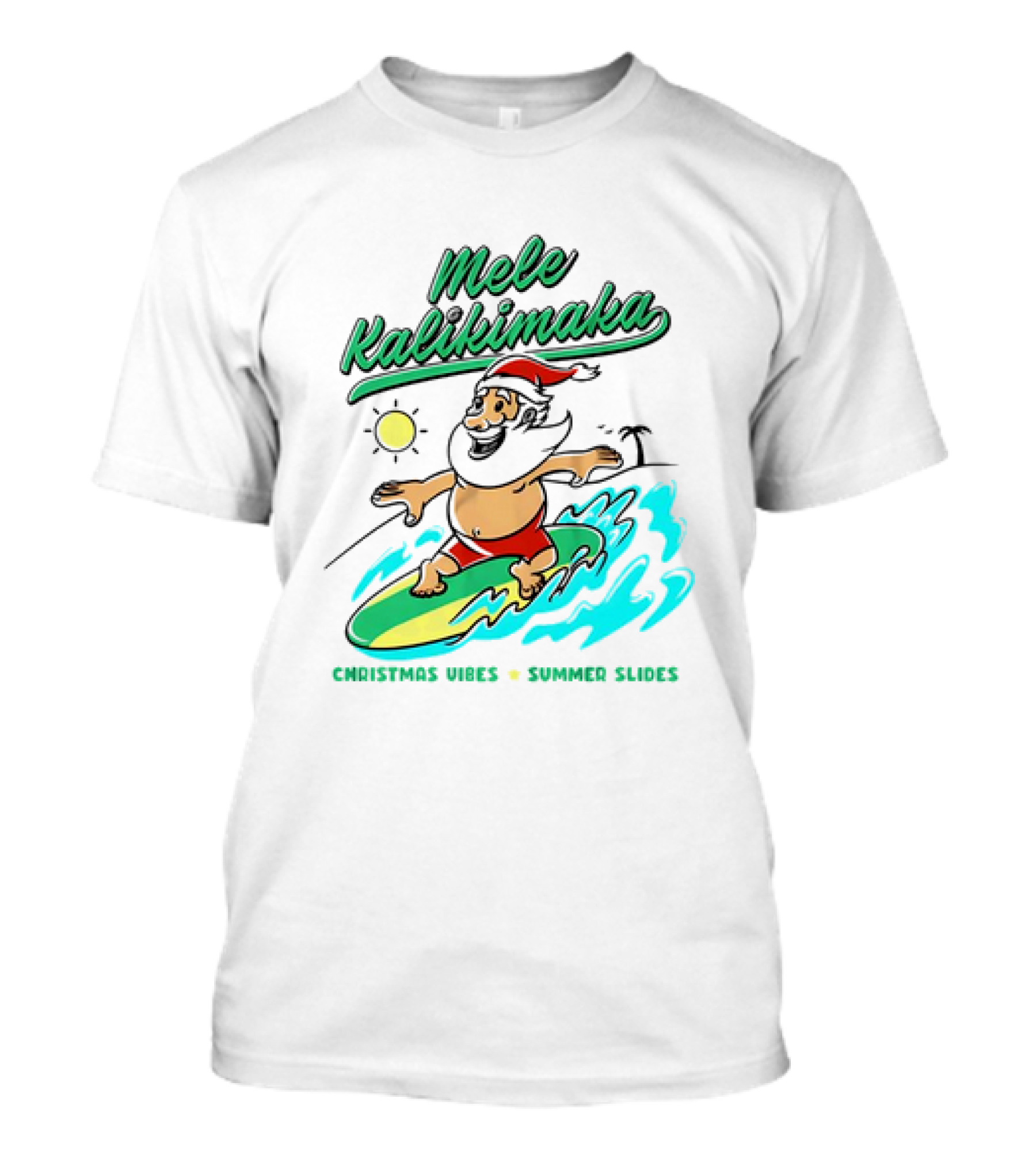 Mele Kalikimaka Santa Surfing Christmas Vibes Summer Slides Tropical Sun T-Shirt