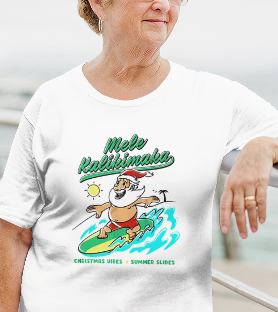 Mele Kalikimaka Santa Surfing Christmas Vibes Summer Slides Tropical Sun T-Shirt