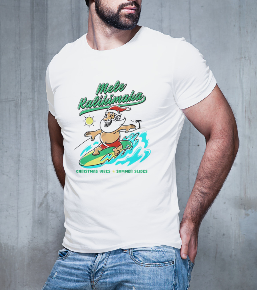 Mele Kalikimaka Santa Surfing Christmas Vibes Summer Slides Tropical Sun T-Shirt