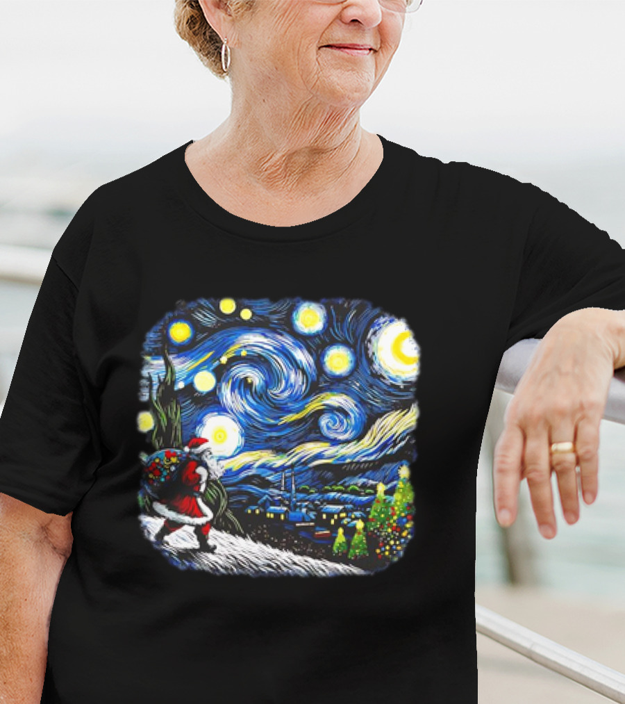 Van Gogh Starry Night Santa Christmas Winter Snowy Night Scene T-Shirt