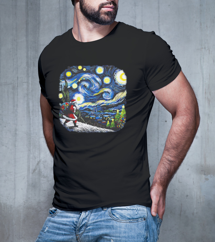 Van Gogh Starry Night Santa Christmas Winter Snowy Night Scene T-Shirt