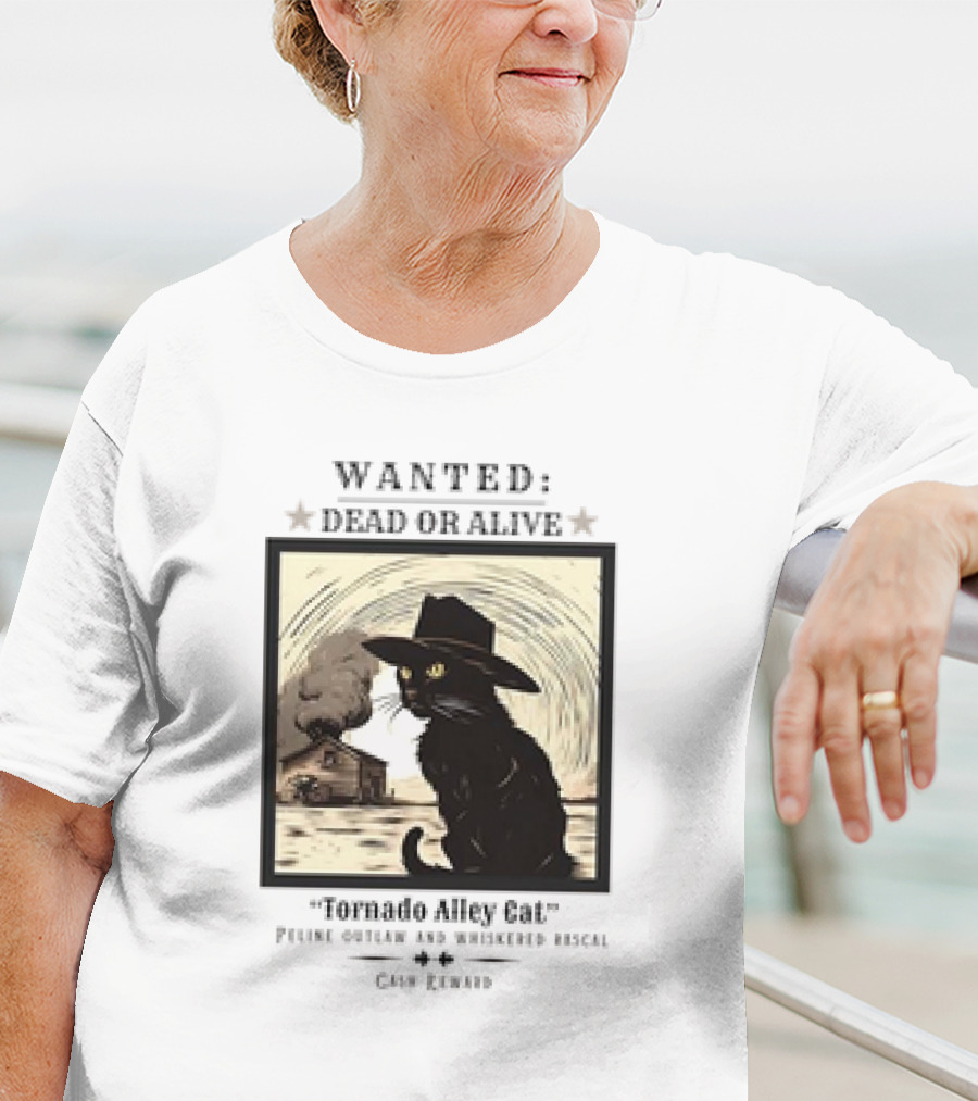 Wanted Dead Or Alive Tornado Alley Cat Oklahoma Whiskered Rascal Cowboy Twister Retro T-Shirt