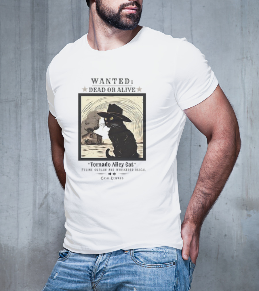 Wanted Dead Or Alive Tornado Alley Cat Oklahoma Whiskered Rascal Cowboy Twister Retro T-Shirt