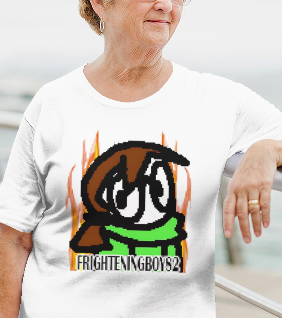 FRIGHTENINGBOY82 Leaf Pixel Art Character With Green Scarf And Flames T-Shirt