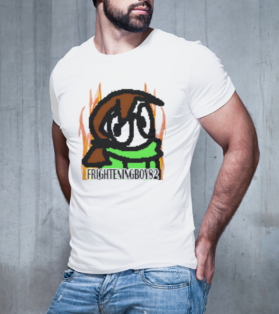 FRIGHTENINGBOY82 Leaf Pixel Art Character With Green Scarf And Flames T-Shirt