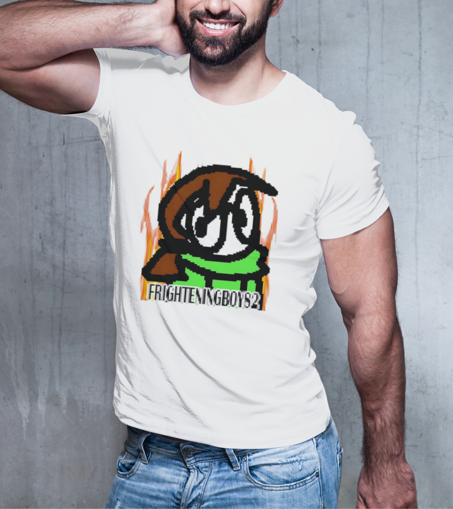 FRIGHTENINGBOY82 Leaf Pixel Art Character With Green Scarf And Flames T-Shirt