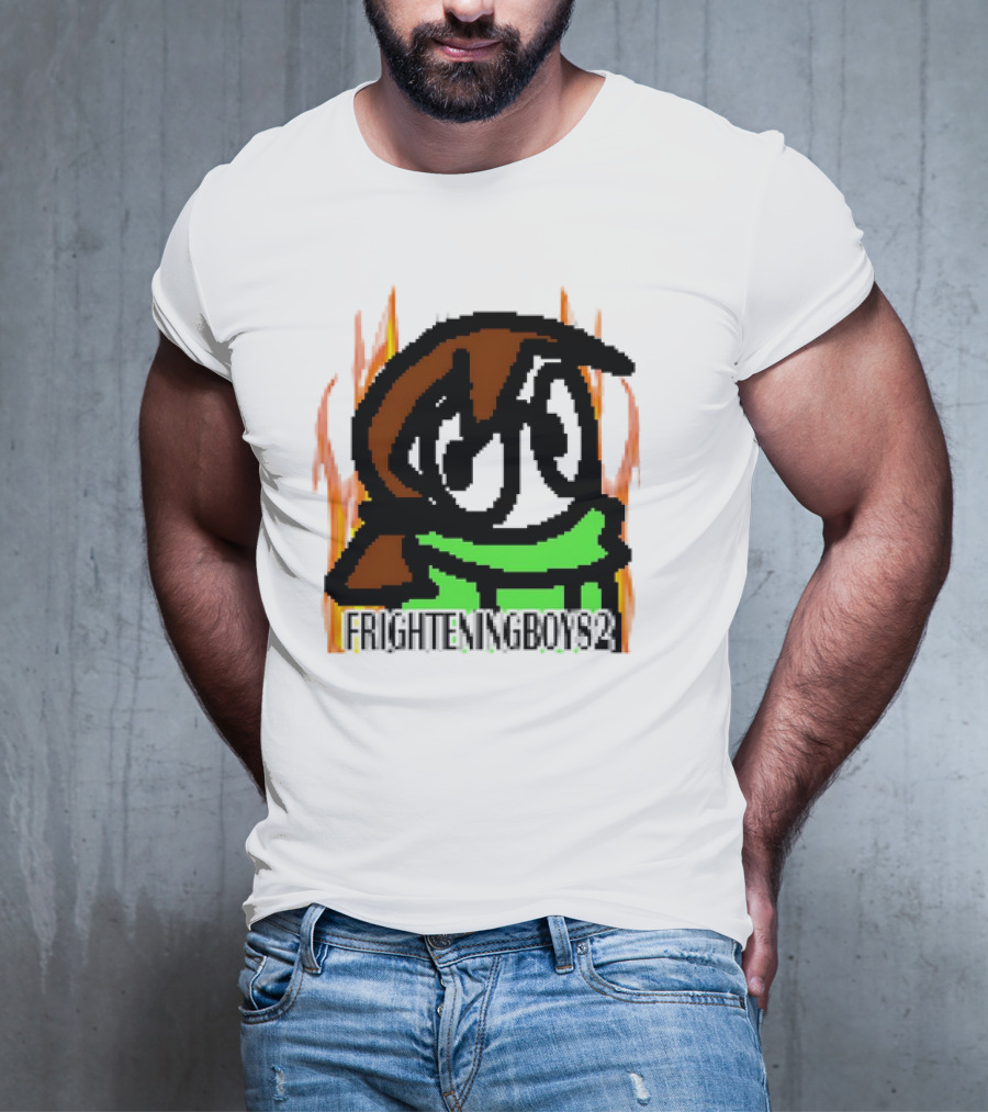 FRIGHTENINGBOY82 Leaf Pixel Art Character With Green Scarf And Flames T-Shirt