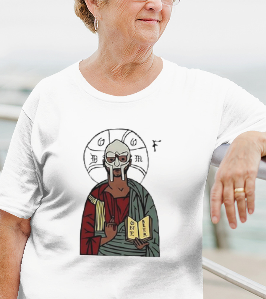 MF DOOM Cartoon Iconic Mask With Sacred Imagery And Open Book One Beer T-Shirt