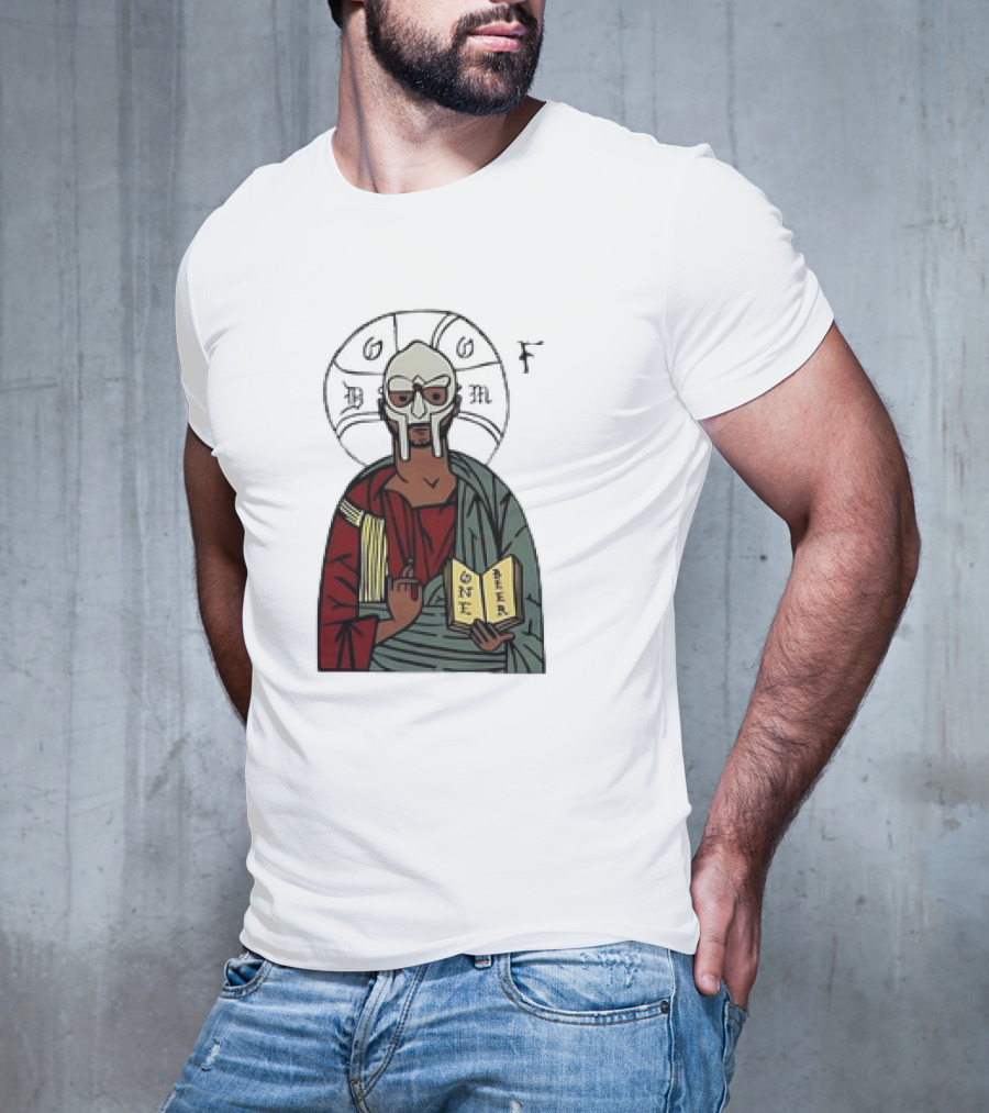 MF DOOM Cartoon Iconic Mask With Sacred Imagery And Open Book One Beer T-Shirt