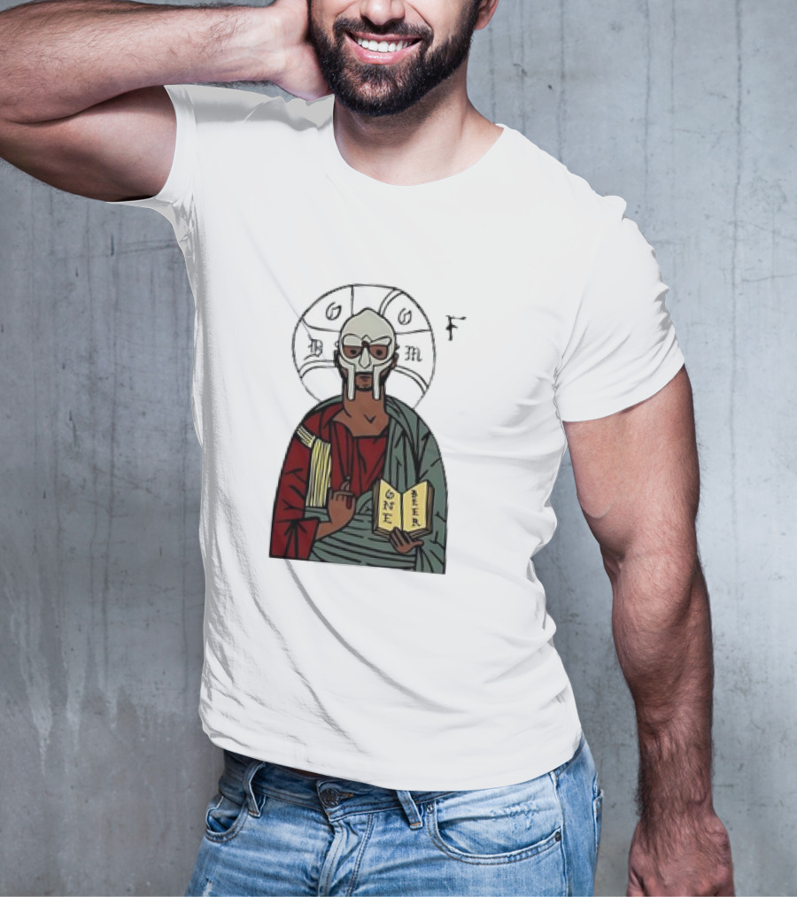 MF DOOM Cartoon Iconic Mask With Sacred Imagery And Open Book One Beer T-Shirt